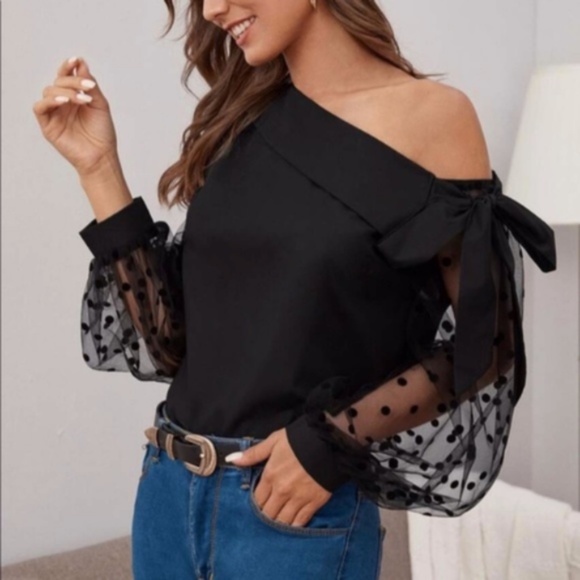 Tops - Black Polka Dot One Shoulder Sheer Sleeve Blouse